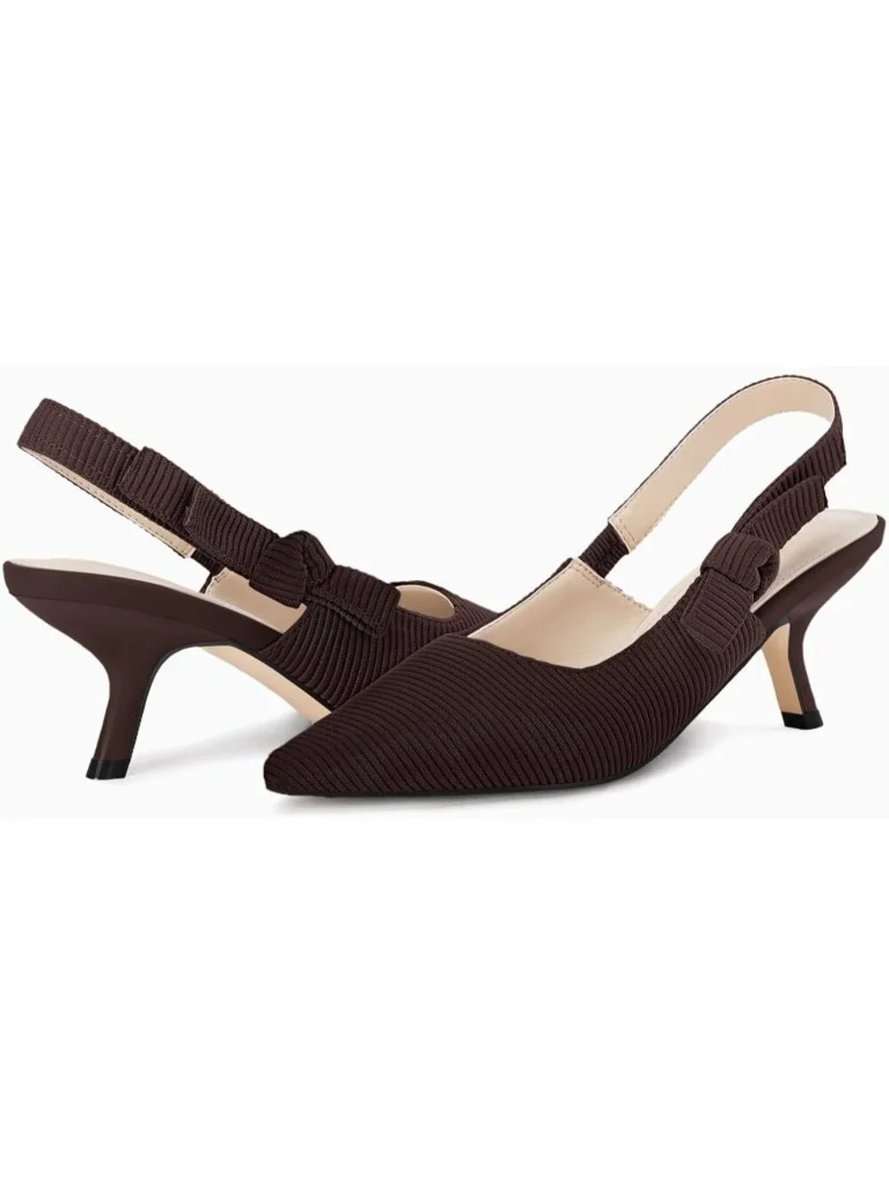 Women's Coffee Slingback Kitten Heels Closed Pointed Toe Bowknot Knitted Slip On